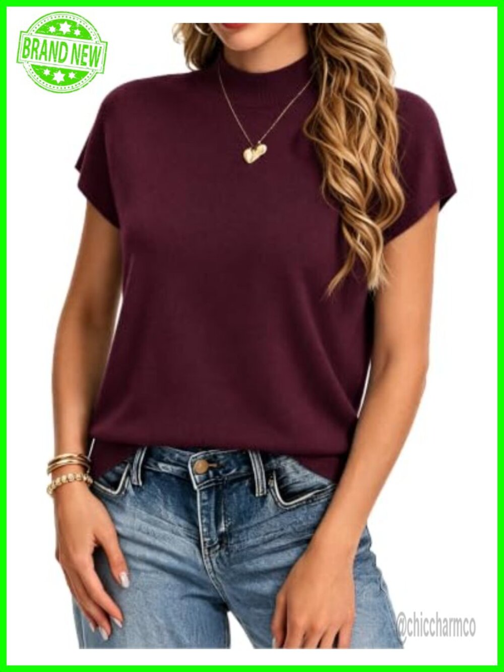 Womens Short Sleeve Sweater Mock Neck Casual Pullover Loose Knit Business